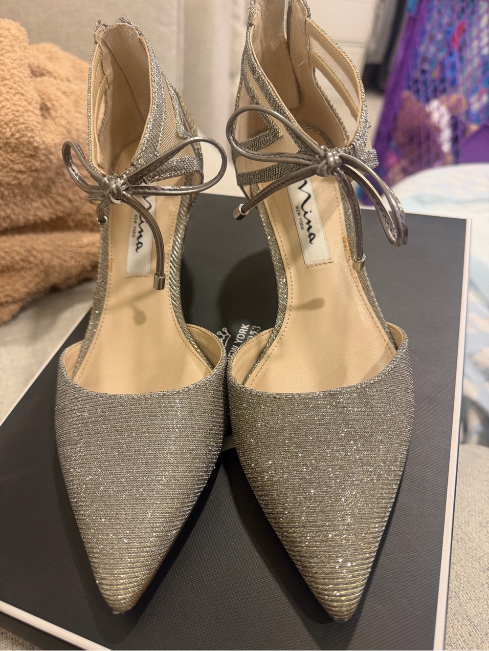 Nina Silver Glitter Pointed-Toe Ankle-Tie Heels